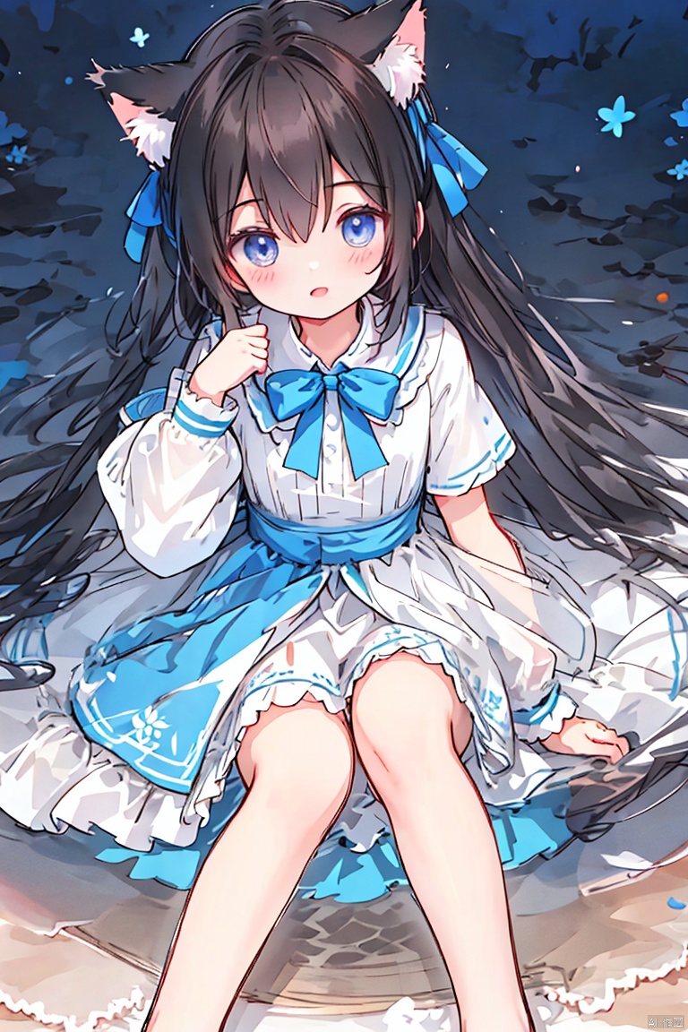  (masterpiece, extremely detailed 8k wallpaper,best quality), (best illumination, best shadow, extremely delicate and beautiful), floating, finely detail, Depth of field (bloom), (shine), glinting stars,classic, (illustration), (sketch),(panorama),foot out of frame
detailed eyes,perfect face,
1girl, solo ,long hair ,hair between eyes ,floating hair,hair bow,cat ears,
small breasts