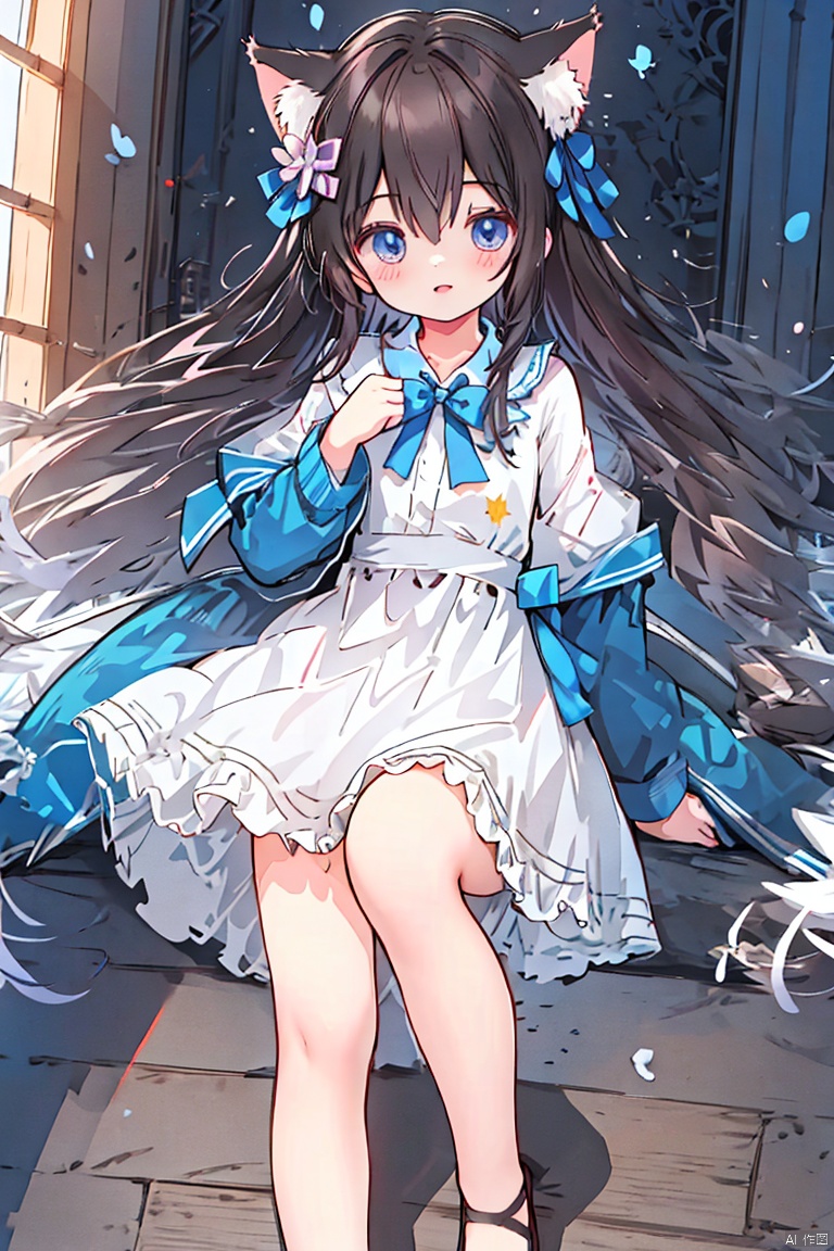  (masterpiece, extremely detailed 8k wallpaper,best quality), (best illumination, best shadow, extremely delicate and beautiful), floating, finely detail, Depth of field (bloom), (shine), glinting stars,classic, (illustration), (sketch),(panorama),foot out of frame
detailed eyes,perfect face,
1girl, solo ,long hair ,hair between eyes ,floating hair,hair bow,cat ears,
small breasts