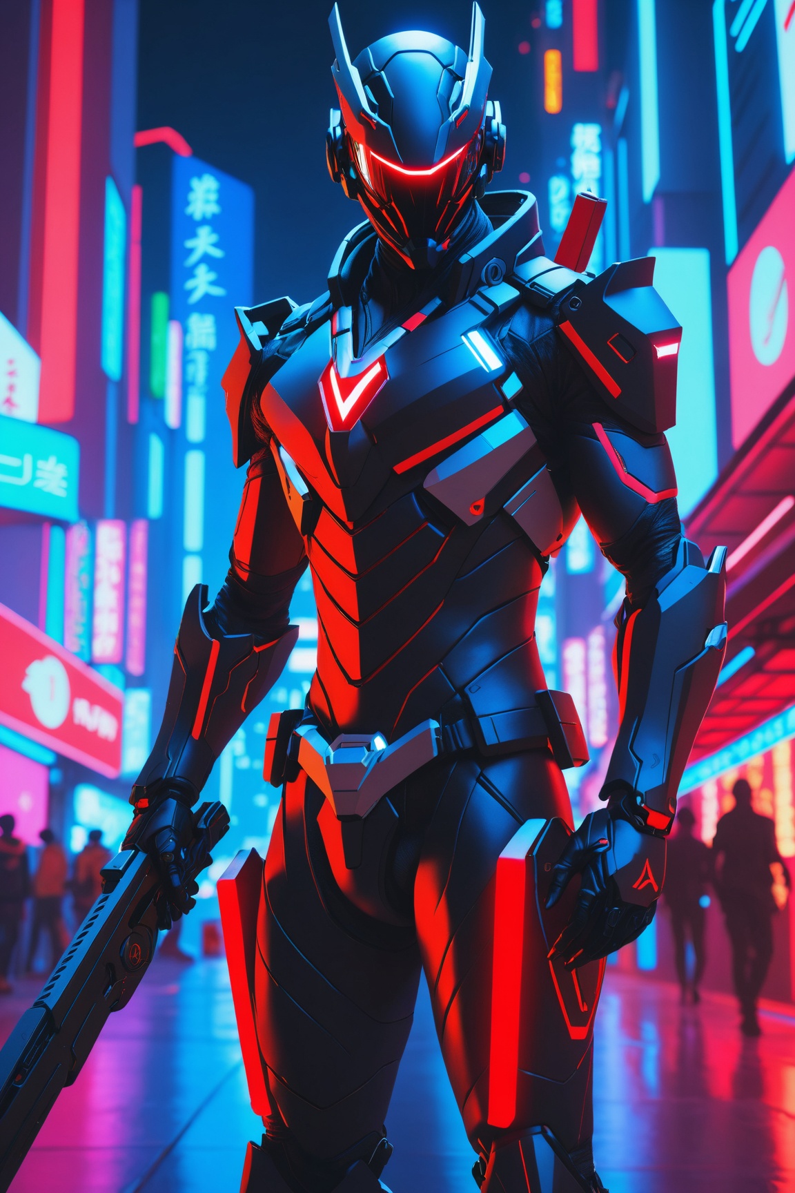 Genji Overwatch Black And Red,  featuring a black and red color scheme,  the scene is set in a futuristic cyberpunk citysc...