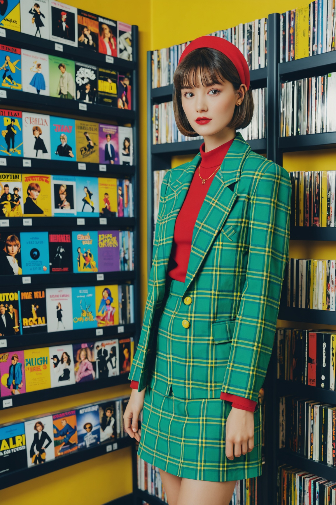 woman with 1990s style chin-length bob haircut with straight bangs and a thick headband,  wearing 90s fashion: button-up s...