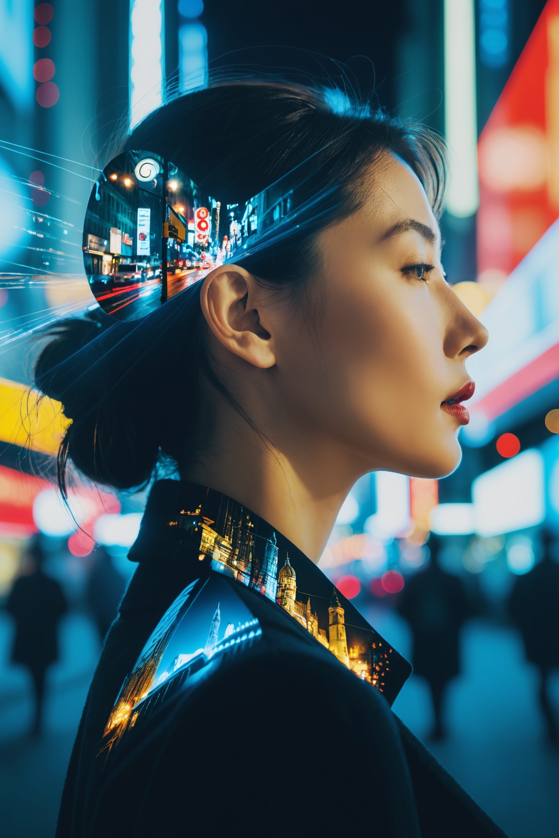 A surreal scene where a woman's profile is superimposed under the city's lights,  capturing the essence of urban life thro...