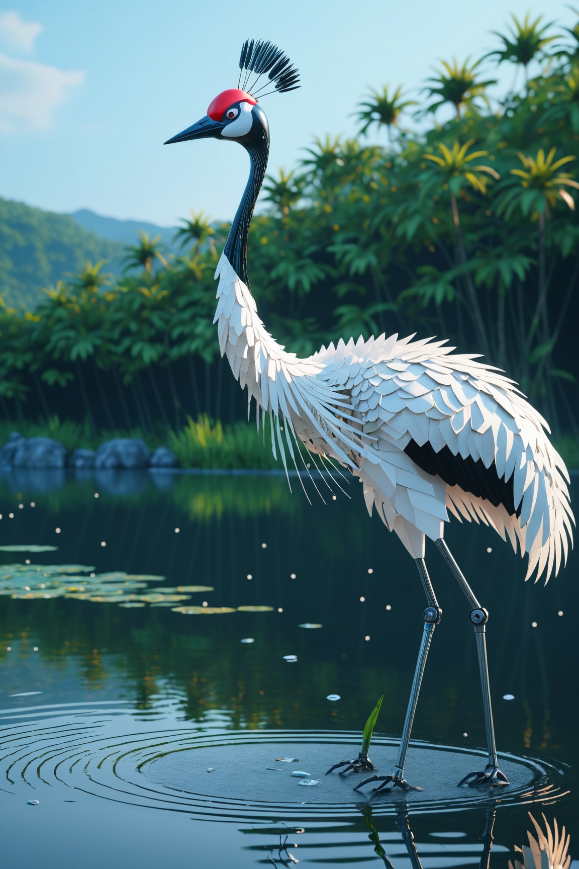 A glowing mechanical robotic robot red-crowned crane standing in the lake,  special effects,  cinematic scenes on Tensor.Art