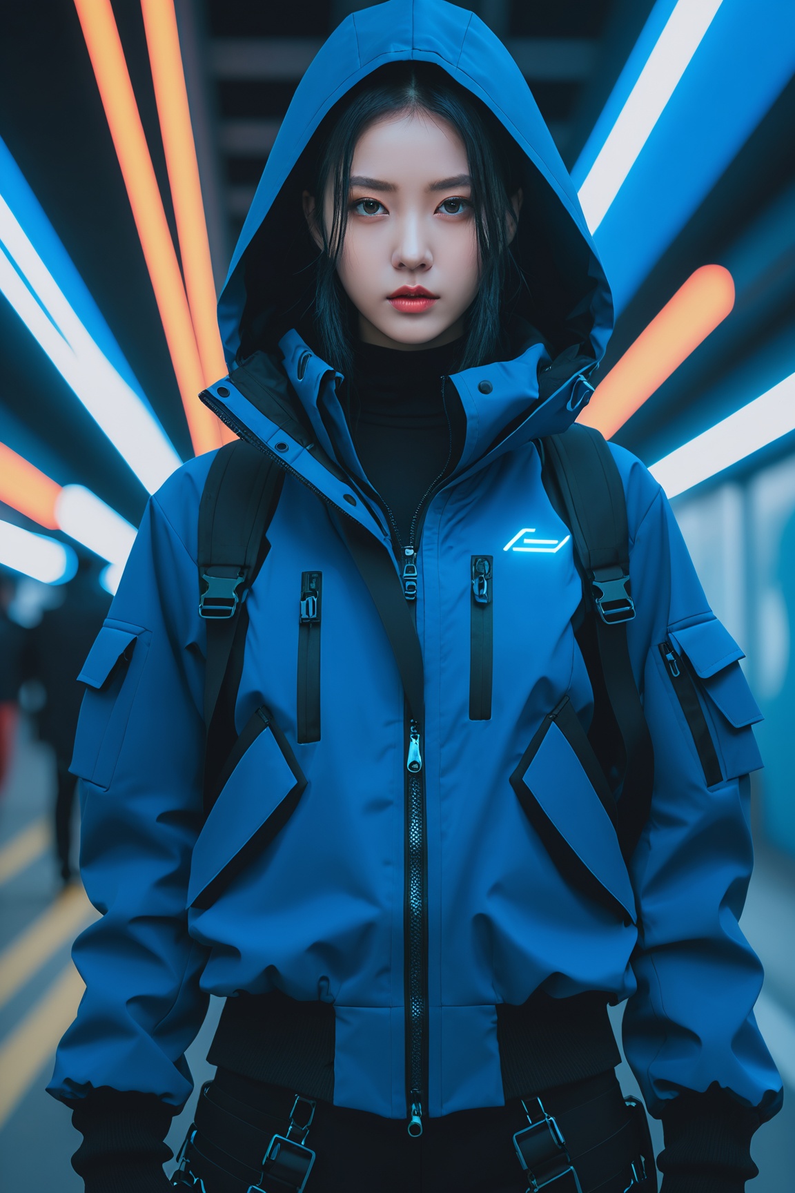 Techwear fashion a young woman,  looking at the camera,  posing on Tensor.Art