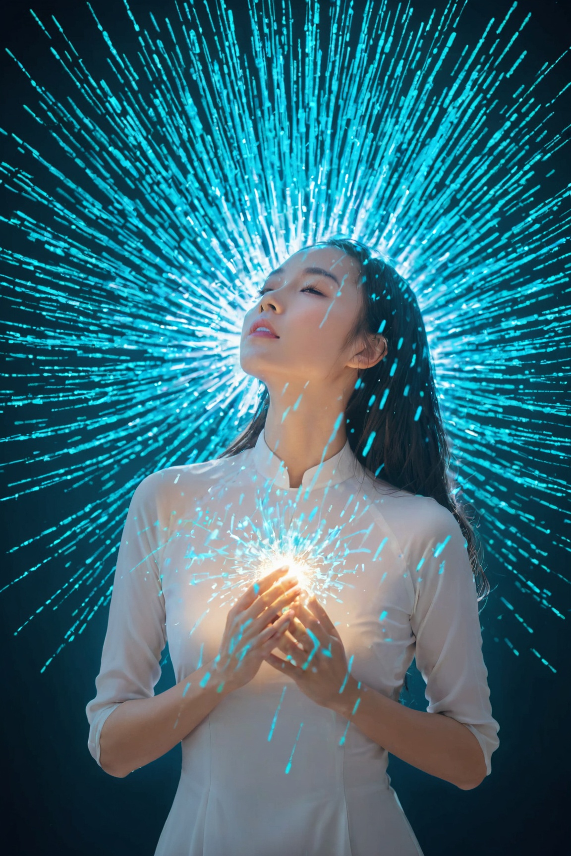 Woman glowing in fine light particles,  brilliant sparks and showers,  ethereal on Tensor.Art