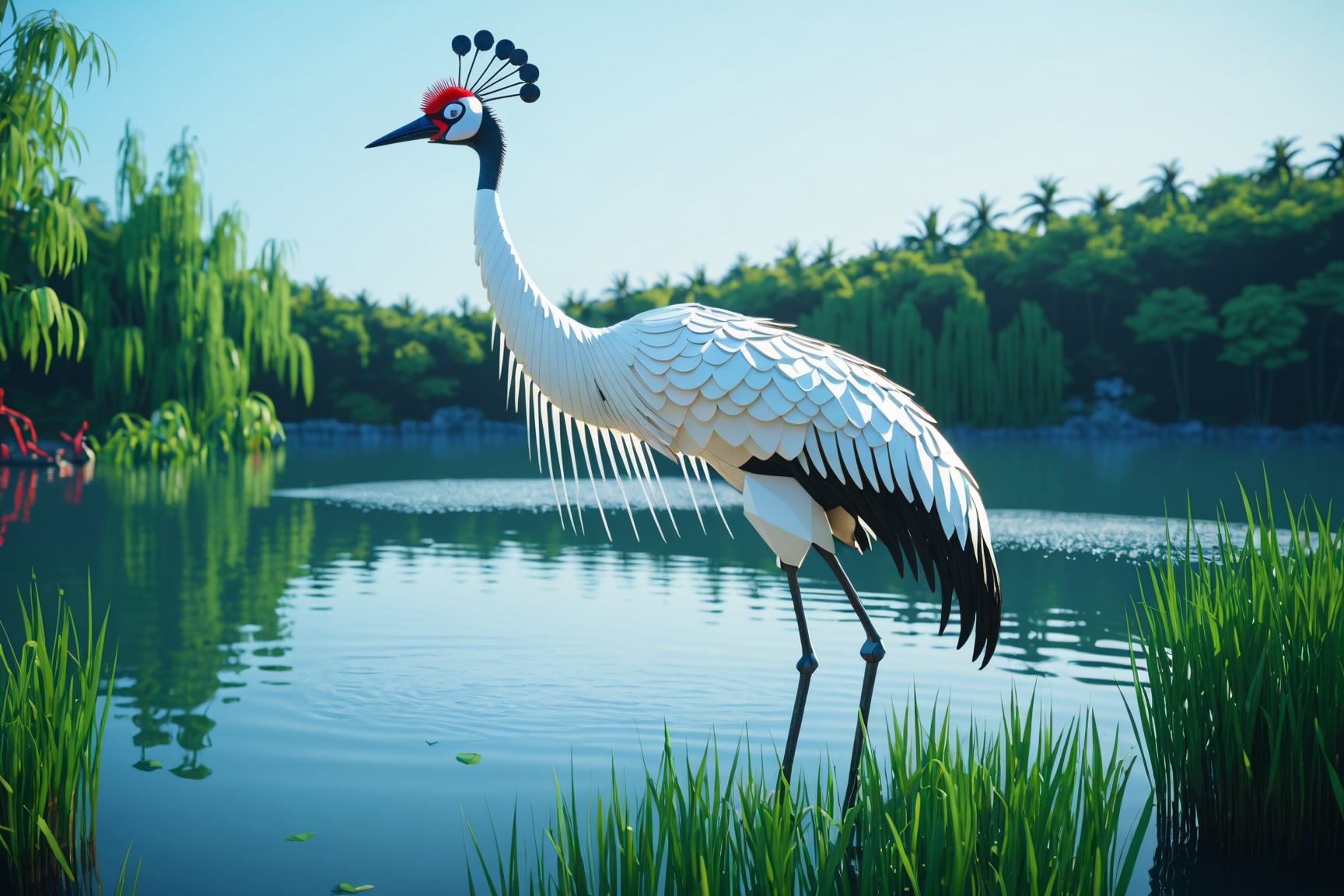 A glowing mechanical robotic robot red-crowned crane standing in the lake,  special effects,  cinematic scenes on Tensor.Art