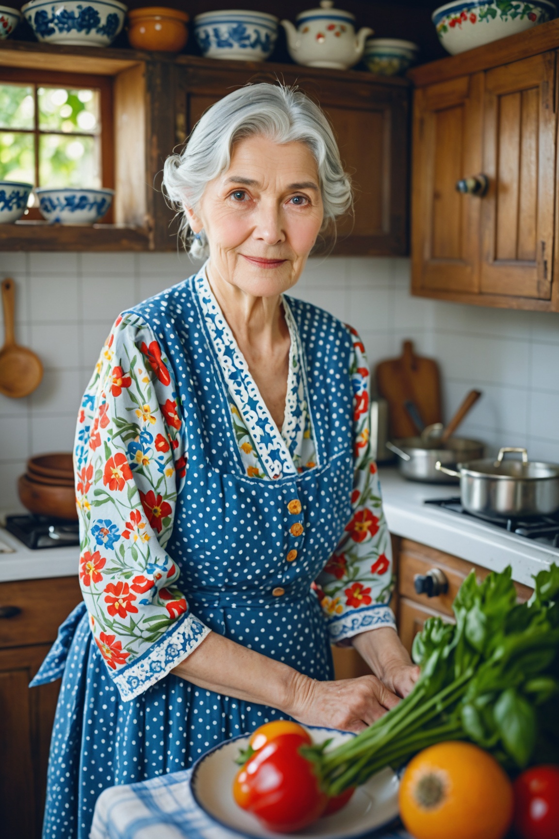 A gray-haired and elegant old woman whose eyes stared at the viewer was full of story. She wore a traditional floral-patte...