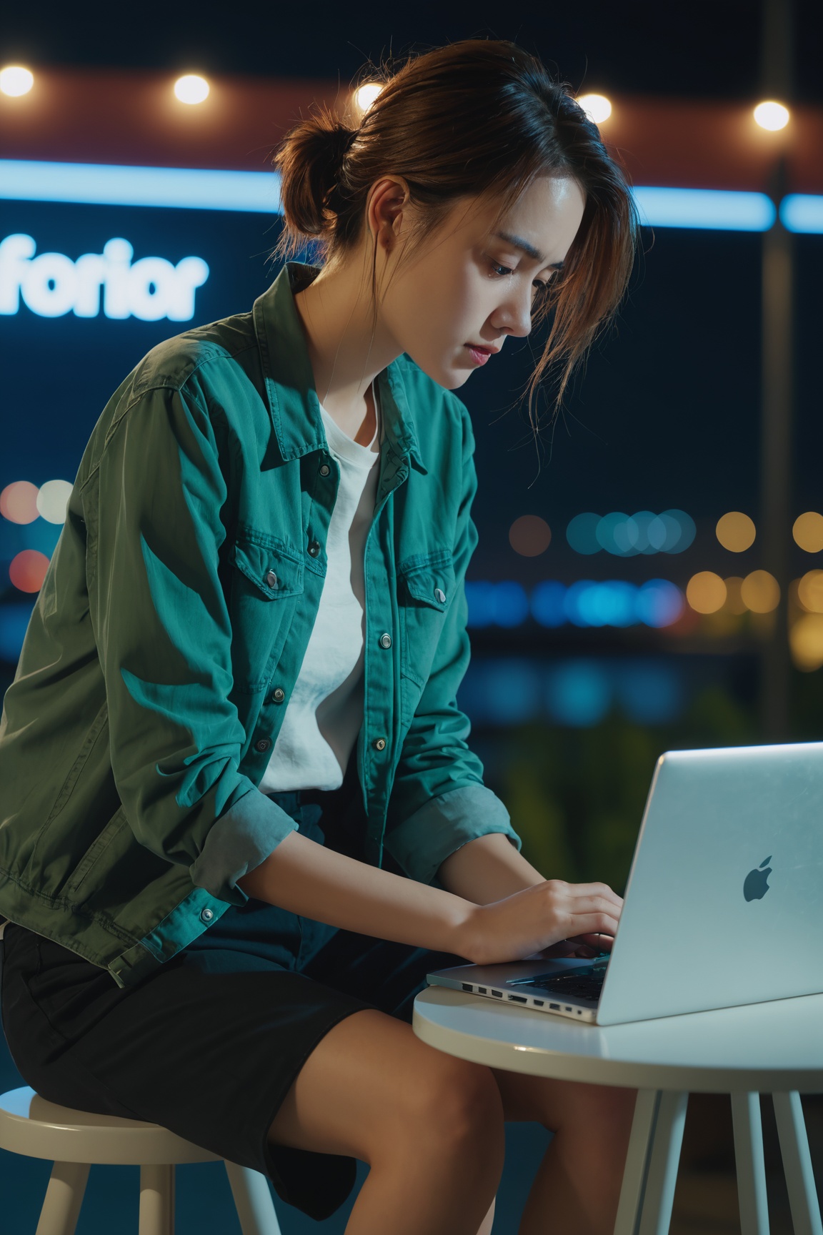A woman in casual clothing with coiffed hair,  face slightly turned sideways,  sitting on a stool looking at a laptop on a...