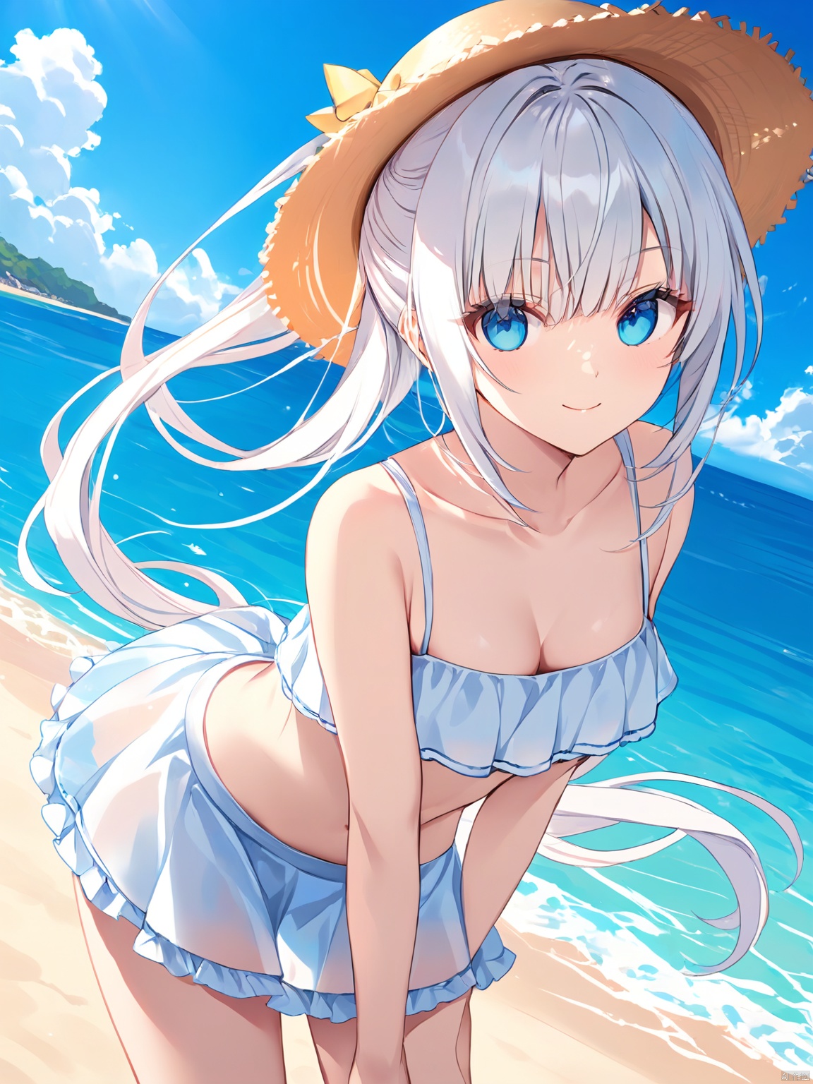 good-looking white Cloth swimwear, frill, Translucent skirt hem, Straw hat, medium breasts, white hair, blue eyes, Beach, sea, midday, sunny, Blue sky, Gradation, cloud, long hair, delicate_features, pretty_face, smiling, pure, lovely, looking at viewer, hand on hip, bent over, (masterpiece), (best quality)