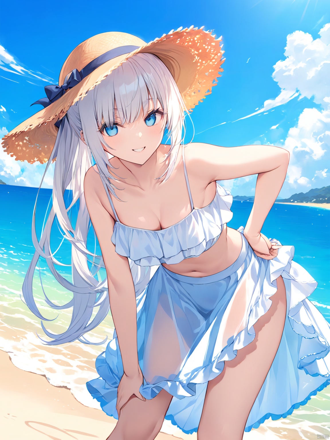 good-looking white Cloth swimwear, frill, Translucent skirt hem, Straw hat, medium breasts, white hair, blue eyes, Beach, sea, midday, sunny, Blue sky, Gradation, cloud, long hair, delicate_features, pretty_face, smiling, pure, lovely, looking at viewer, hand on hip, bent over, (masterpiece), (best quality)