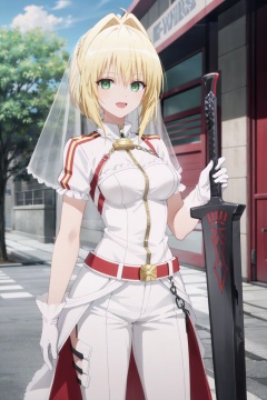 1girl, nero claudius \(bride\) \(fate\), nero claudius \(fate\), blonde hair, green eyes, solo, veil, breasts, bodysuit, weapon, sword, ahoge, lock, smile, open mouth, looking at viewer, padlock, hair intakes, white bodysuit, chain, gloves, aestus estus, large breasts, bangs, white gloves, belt, bridal veil, :d, holding, signature, holding weapon, zipper