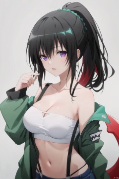 1girl, green jacket, open jacket, solo, jacket, hair over one eye, open clothes, breasts, red hair, long sleeves, cleavage, long hair, virtual youtuber, strapless, bare shoulders, ponytail, upper body, sleeves past wrists, looking at viewer, bangs, blush, hands up, off shoulder, collarbone, bandeau, open mouth, simple background, pinching sleeves, tube top, suspenders, navel, black hair, character name, grey background, pouch, stuffed shark, piercing, stomach, large breasts, purple eyes, midriff, medium breasts, multicolored hair