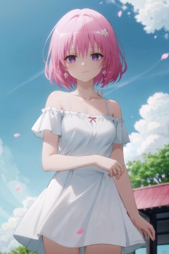 cherry_blossoms,falling_petals,petals,branch,pink_flower,1girl,blue_sky,spring_\(season\),petals_on_liquid,flower,hanami,dress,pink_hair,solo,day,sky,short_hair,outdoors,cloud,bangs,smile,pink_eyes,white_dress,bare_shoulders,earrings,breasts,holding_flower,wind,tree,looking_at_viewer,cowboy shot,