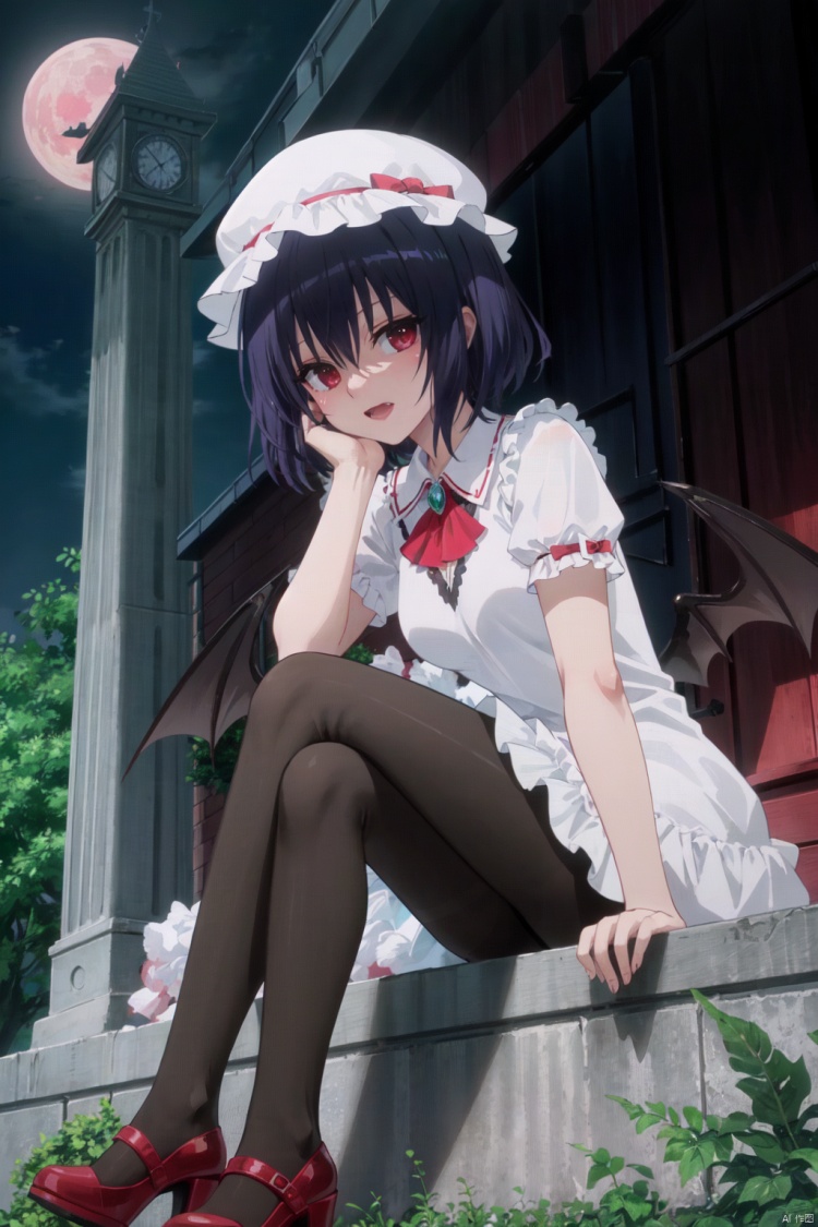 1girl, solo, wings, remilia scarlet, red eyes, hat, mob cap, moon, bat wings, bat \(animal\), crossed legs, high heels, looking at viewer, red footwear, short sleeves, short hair, puffy sleeves, ribbon, dress, blue hair, wrist cuffs, pantyhose, puffy short sleeves, hat ribbon, red ribbon, black pantyhose, sitting, ascot, frills, full moon, red bow, red moon, open mouth, bow, night, smile, fang, scarlet devil mansion, frilled shirt collar, full body, frilled sleeves, sky, purple hair, outdoors, red ascot, hair between eyes, clock tower, white dress, bangs