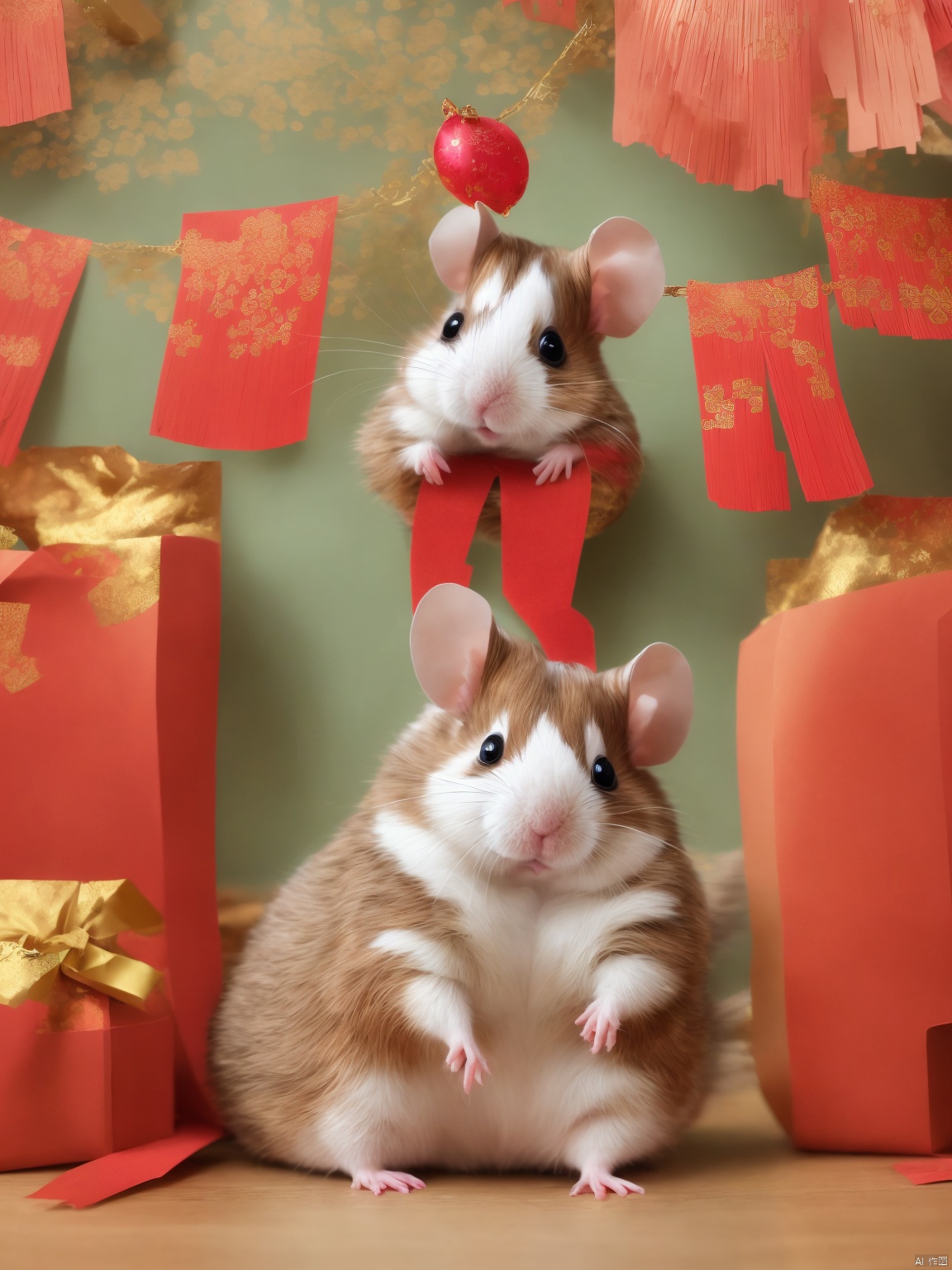  masterpiece,high quality,paper-cut art,nobody, solo,children, Smile, Chinese style, Chinese year, festive, Hamster