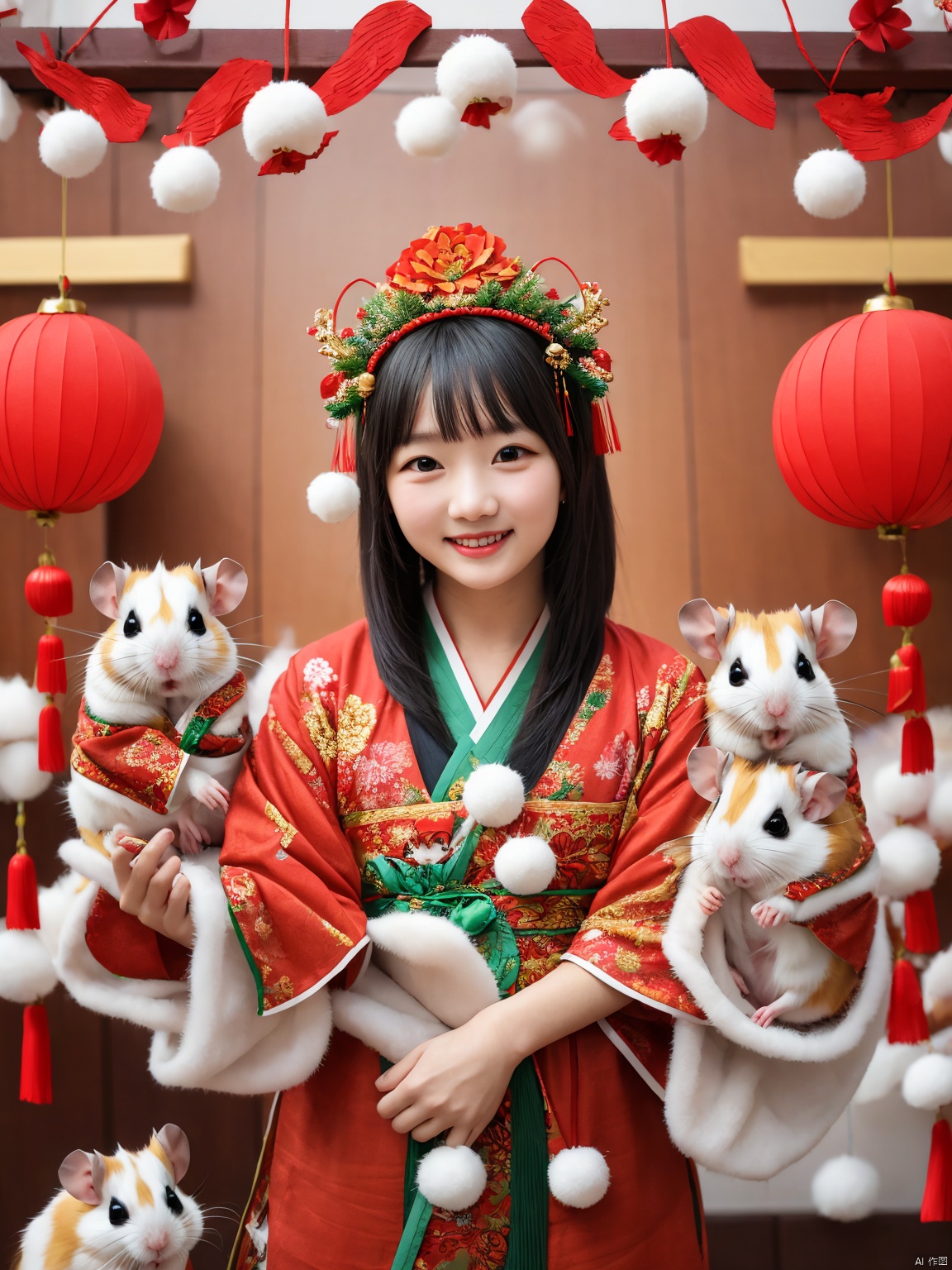  masterpiece,high quality,paper-cut art,nobody, solo,children, Smile, Chinese style, Chinese year, festive, Hamster