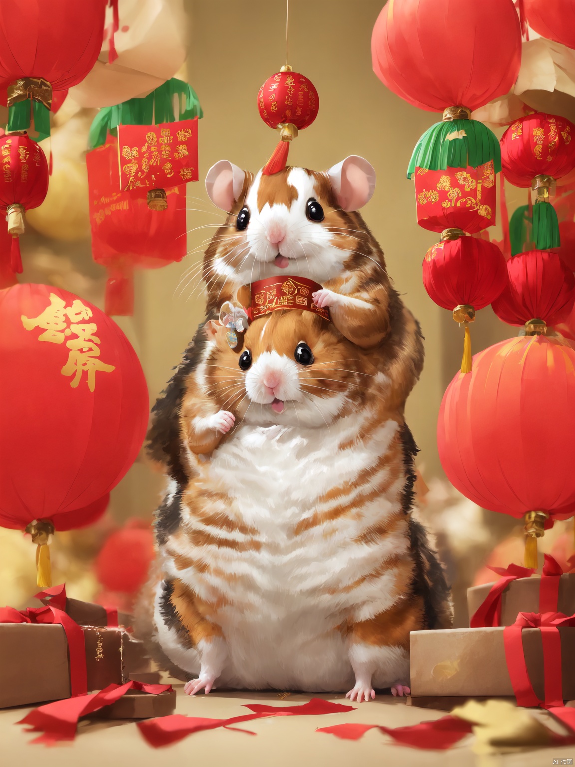  masterpiece,high quality,paper-cut art,nobody, solo,children, Smile, Chinese style, Chinese year, festive, Hamster