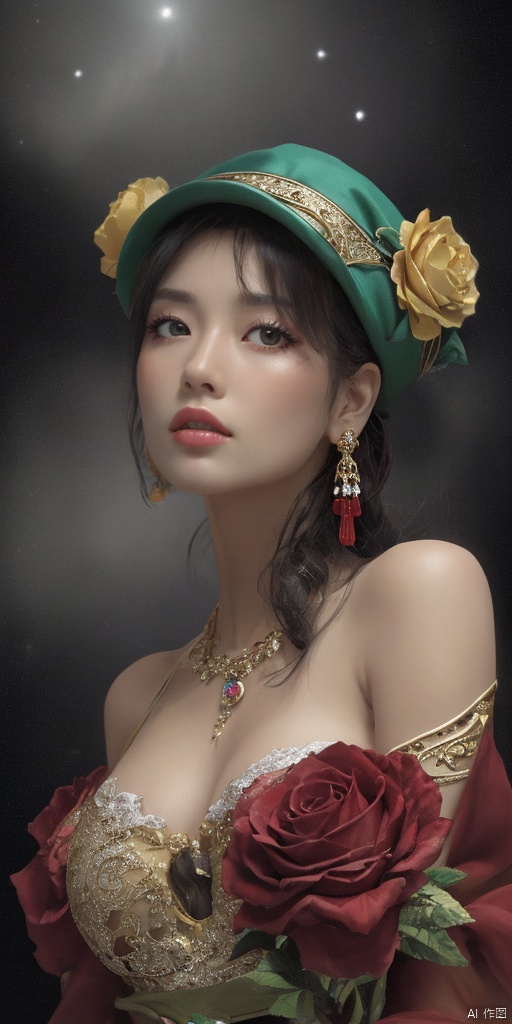  1girl,Han Chinese girls,Flower beret,yellow Hanfu,chinese clothes,large breasts,red rose,jewelry, earrings,lips, makeup, portrait, eyeshadow, realistic, nose,{{best quality}}, {{masterpiece}}, {{ultra-detailed}}, {illustration}, {detailed light}, {an extremely delicate and beautiful}, a girl, {beautiful detailed eyes}, stars in the eyes, messy floating hair, colored inner hair, Starry sky adorns hair, depth of field, large breasts,cleavage,blurry, no humans, traditional media, gem, crystal, still life, Dance,movements, All the Colours of the Rainbow,zj,
simple background, shiny, blurry, no humans, depth of field, black background, gem, crystal, realistic, red gemstone, still life,
