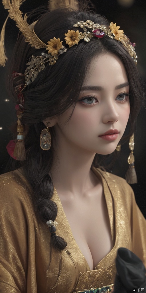  1girl,Han Chinese girls,yellow Hanfu,chinese clothes,large breasts,sunflower,jewelry, earrings,lips, makeup, portrait, eyeshadow, realistic, nose,{{best quality}}, {{masterpiece}}, {{ultra-detailed}}, {illustration}, {detailed light}, {an extremely delicate and beautiful}, a girl, {beautiful detailed eyes}, stars in the eyes, messy floating hair, colored inner hair, Starry sky adorns hair, depth of field, large breasts,cleavage,blurry, no humans, traditional media, gem, crystal, still life, Dance,movements, All the Colours of the Rainbow,zj,
simple background, shiny, blurry, no humans, depth of field, black background, gem, crystal, realistic, red gemstone, still life,
