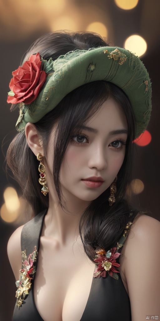  1girl,Han Chinese girls,Flower beret,yellow Hanfu,chinese clothes,large breasts,red rose,jewelry, earrings,lips, makeup, portrait, eyeshadow, realistic, nose,{{best quality}}, {{masterpiece}}, {{ultra-detailed}}, {illustration}, {detailed light}, {an extremely delicate and beautiful}, a girl, {beautiful detailed eyes}, stars in the eyes, messy floating hair, colored inner hair, Starry sky adorns hair, depth of field, large breasts,cleavage,blurry, no humans, traditional media, gem, crystal, still life, Dance,movements, All the Colours of the Rainbow,zj,
simple background, shiny, blurry, no humans, depth of field, black background, gem, crystal, realistic, red gemstone, still life,
