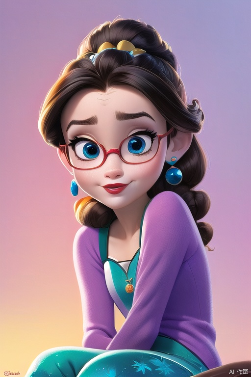 disney, a drawing of a woman wearing glasses , anime girl, random hair style, beautiful detailed eyes, random uniform,  sunset,  random view, jewelry,  solo,  earrings,  watch,  glasses,  gradient,  wristwatch,  a character portrait , sitting,  leaves,  long sleeves,  red lips,  realistic,<lora:EMS-266881-EMS:1.000000>
