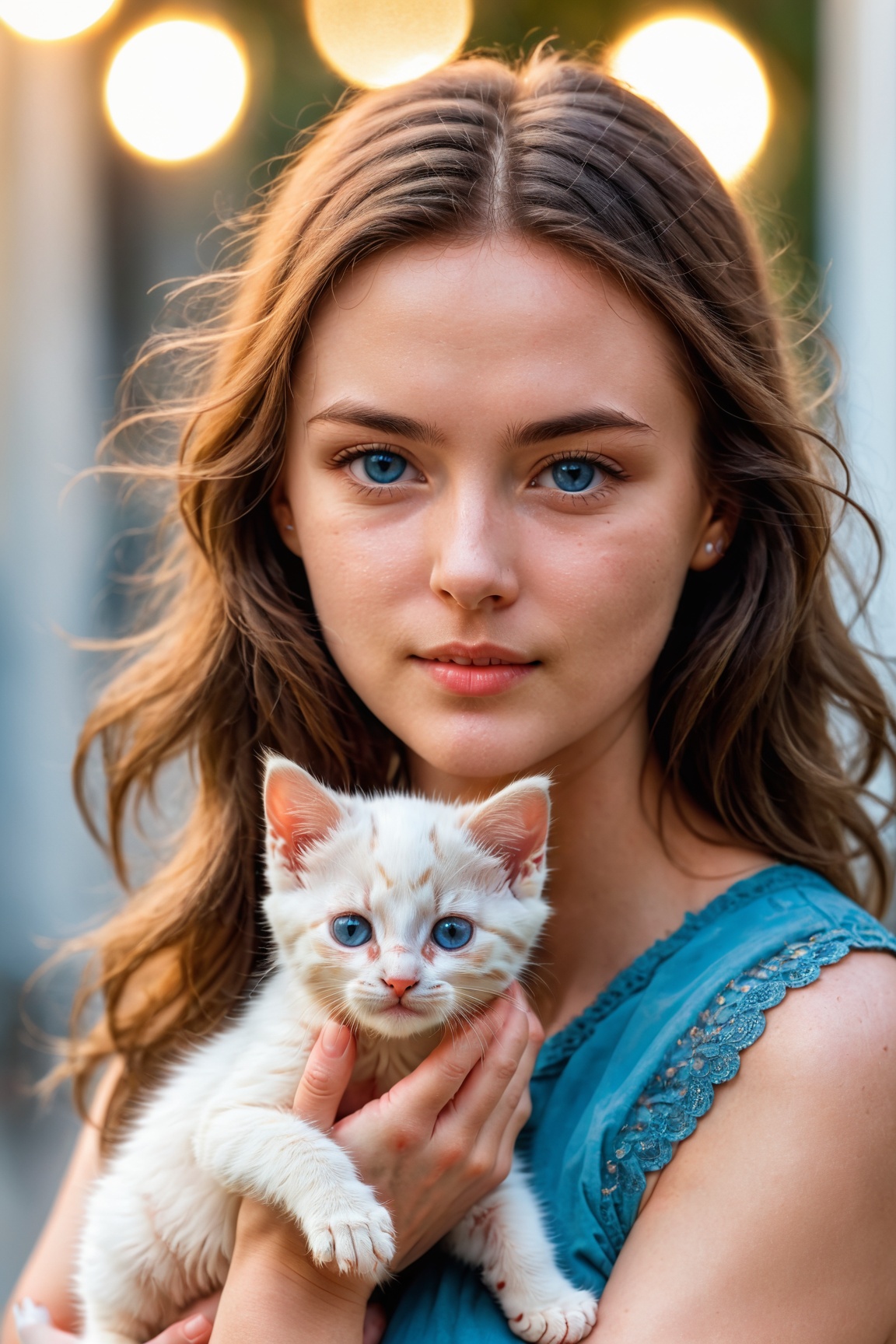cinematic upper body photo a woman holding a kitten in her hands,  ((best best quality)),  ((masterpiece)) on Tensor.Art