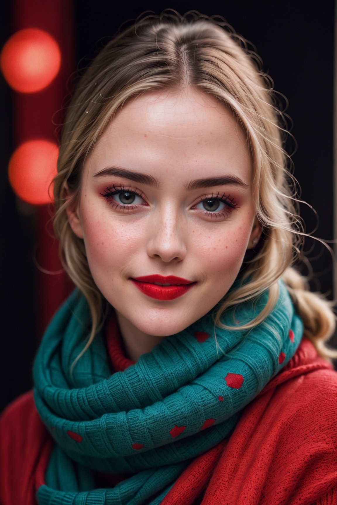 Analog RAW photo portrait of the most beautiful woman in the world with blonde hair and big bright eyes and shiny lips wit...