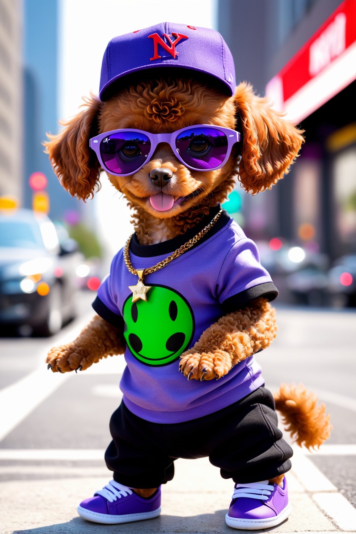 Create a photorealistic depiction of a cute,  fat,  short red-brown toy poodle face baby alien. The alien should be wearin...