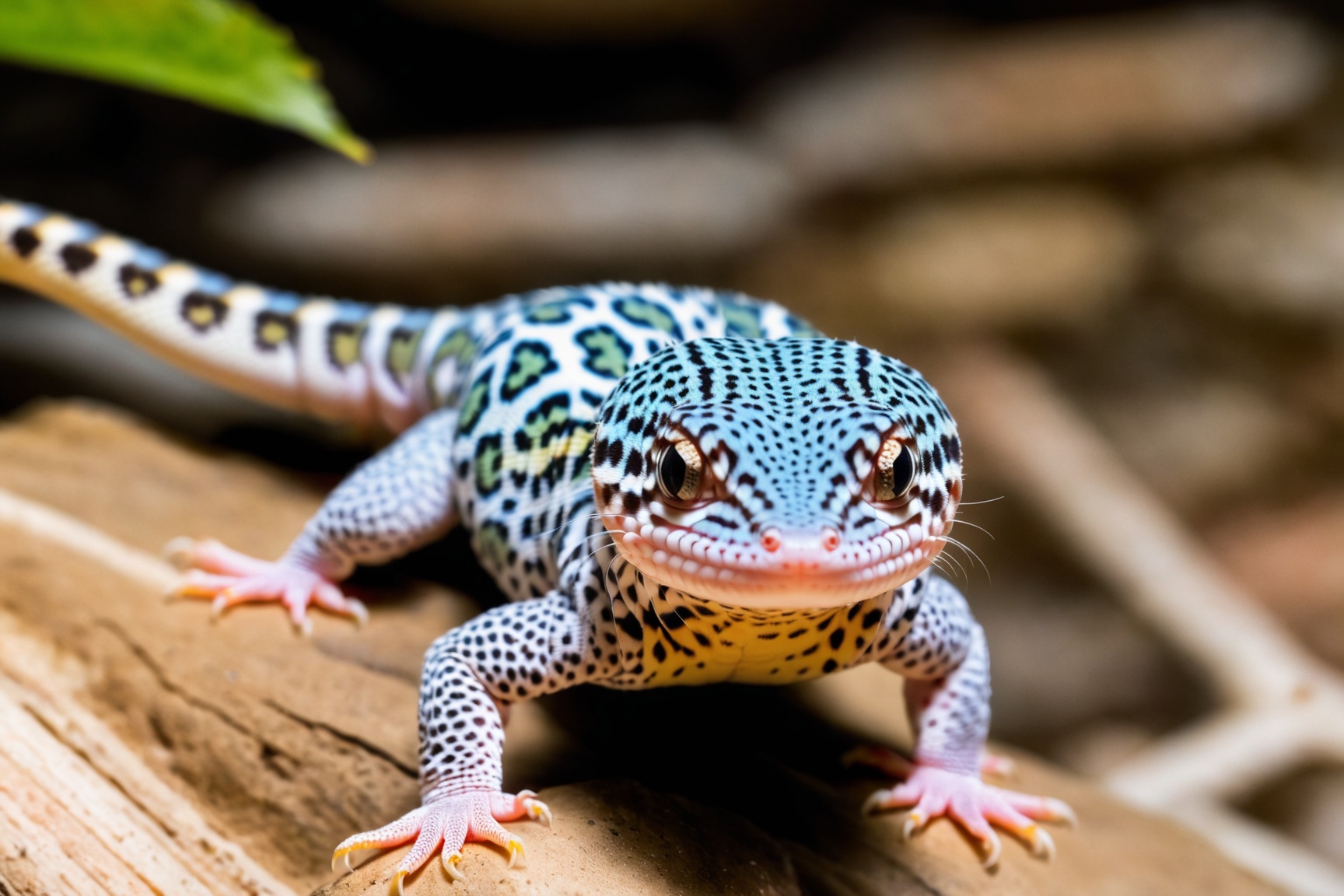 Albino Striped Leopard gecko is staring nervously sharp focus) (high-definition,  (((full body shot: 1.5))),  shot from ab...