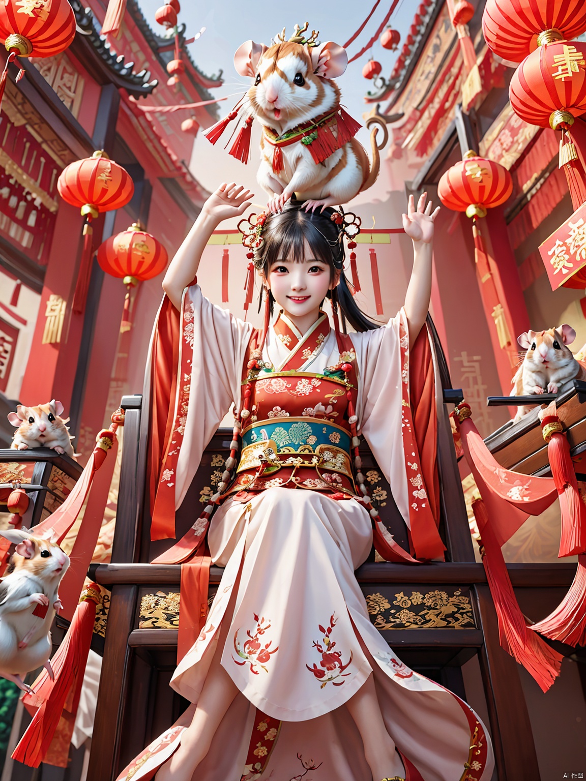  masterpiece,high quality,paper-cut art,nobody, solo,children, Smile, Chinese style, Chinese year, festive, Hamster