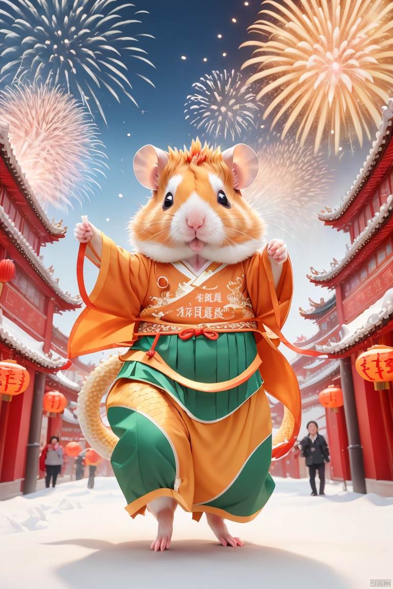 new year, hamster, full_body,fire,3d, cute,best quality,official art,8k wallpaper,highly detailed,rich detailed,xinnian\(guochao\), spring Festival, modern city street,fireworks, sky,snow, spring Festival, modern city streets, fireworks, sky, oriental dragon dance, dragon tail