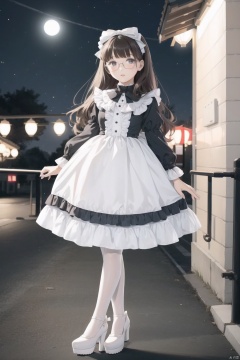  night,lolanse,1girl,(lolanse_style dress), solo, dress,pantyhose, long hair, white footwear, brown hair, shoes, full body, glasses, box, hair ornament, high heels, black hair,lolita fashion, outdoors, white pantyhose, frills,bangs, hair bow, platform footwear, blush, see-through, ribbon, long sleeves,look at viewer,full body camera