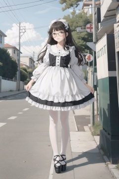  night,lolanse,1girl,(lolanse_style dress), solo, dress,pantyhose, long hair, white footwear, brown hair, shoes, full body, glasses, box, hair ornament, high heels, black hair,lolita fashion, outdoors, white pantyhose, frills,bangs, hair bow, platform footwear, blush, see-through, ribbon, long sleeves,look at viewer,full body camera