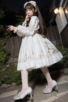  night,1girl, solo, dress,lolanse_style dress,pantyhose, long hair, white footwear, brown hair, shoes, full body, glasses, box, hair ornament, high heels, black hair,lolita fashion, outdoors, white pantyhose, frills,bangs, hair bow, platform footwear, blush, see-through, ribbon, long sleeves,look at viewer,full body camera