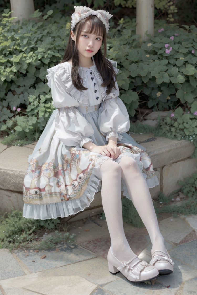  1girl,(lolanse_style dress:1.2),pantyhose, long hair, white footwear, brown hair, shoes, full body, glasses, box, hair ornament, high heels, black hair,lolita fashion, outdoors, white pantyhose, frills,bangs, hair bow, platform footwear, blush, see-through, ribbon, long sleeves,look at viewer,full body camera