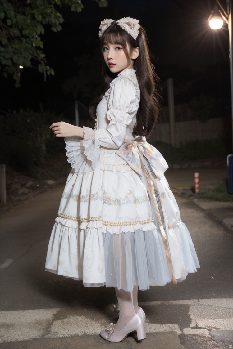  night,1girl, solo, dress,lolanse_style dress,pantyhose, long hair, white footwear, brown hair, shoes, full body, glasses, box, hair ornament, high heels, black hair,lolita fashion, outdoors, white pantyhose, frills,bangs, hair bow, platform footwear, blush, see-through, ribbon, long sleeves,look at viewer,full body camera