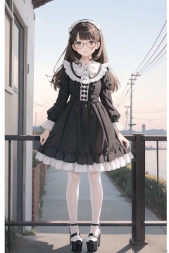  night,lolanse,1girl,(lolanse_style dress), solo, dress,pantyhose, long hair, white footwear, brown hair, shoes, full body, glasses, box, hair ornament, high heels, black hair,lolita fashion, outdoors, white pantyhose, frills,bangs, hair bow, platform footwear, blush, see-through, ribbon, long sleeves,look at viewer,full body camera