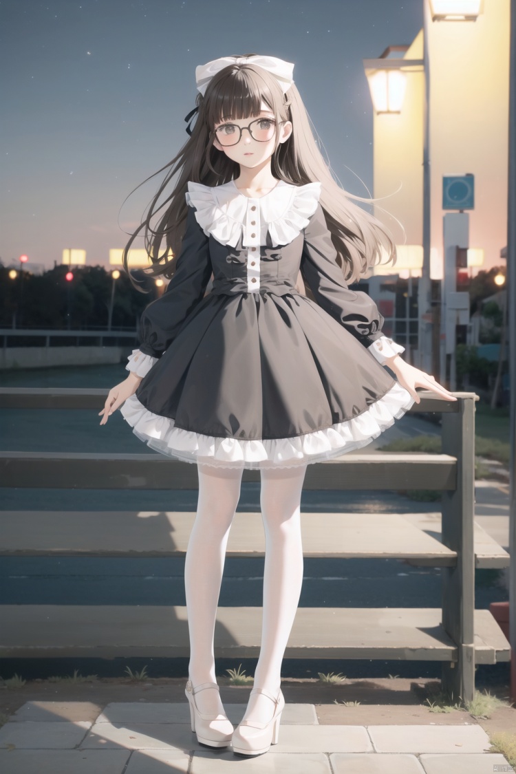  night,lolanse,1girl,(lolanse_style dress), solo, dress,pantyhose, long hair, white footwear, brown hair, shoes, full body, glasses, box, hair ornament, high heels, black hair,lolita fashion, outdoors, white pantyhose, frills,bangs, hair bow, platform footwear, blush, see-through, ribbon, long sleeves,look at viewer,full body camera