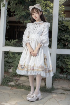  1girl,(lolanse_style dress:1.2),pantyhose, long hair, white footwear, brown hair, shoes, full body, glasses, box, hair ornament, high heels, black hair,lolita fashion, outdoors, white pantyhose, frills,bangs, hair bow, platform footwear, blush, see-through, ribbon, long sleeves,look at viewer,full body camera