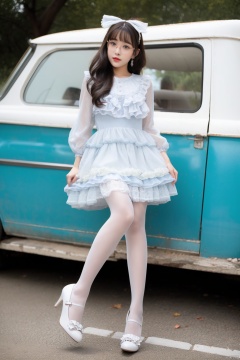  lolanse,1girl,(lolanse_style dress:1.2),pantyhose, long hair, white footwear, brown hair, shoes, full body, glasses, box, hair ornament, high heels, black hair,lolita fashion, outdoors, white pantyhose, frills,bangs, hair bow, platform footwear, blush, see-through, ribbon, long sleeves,look at viewer,full body camera, inksketch