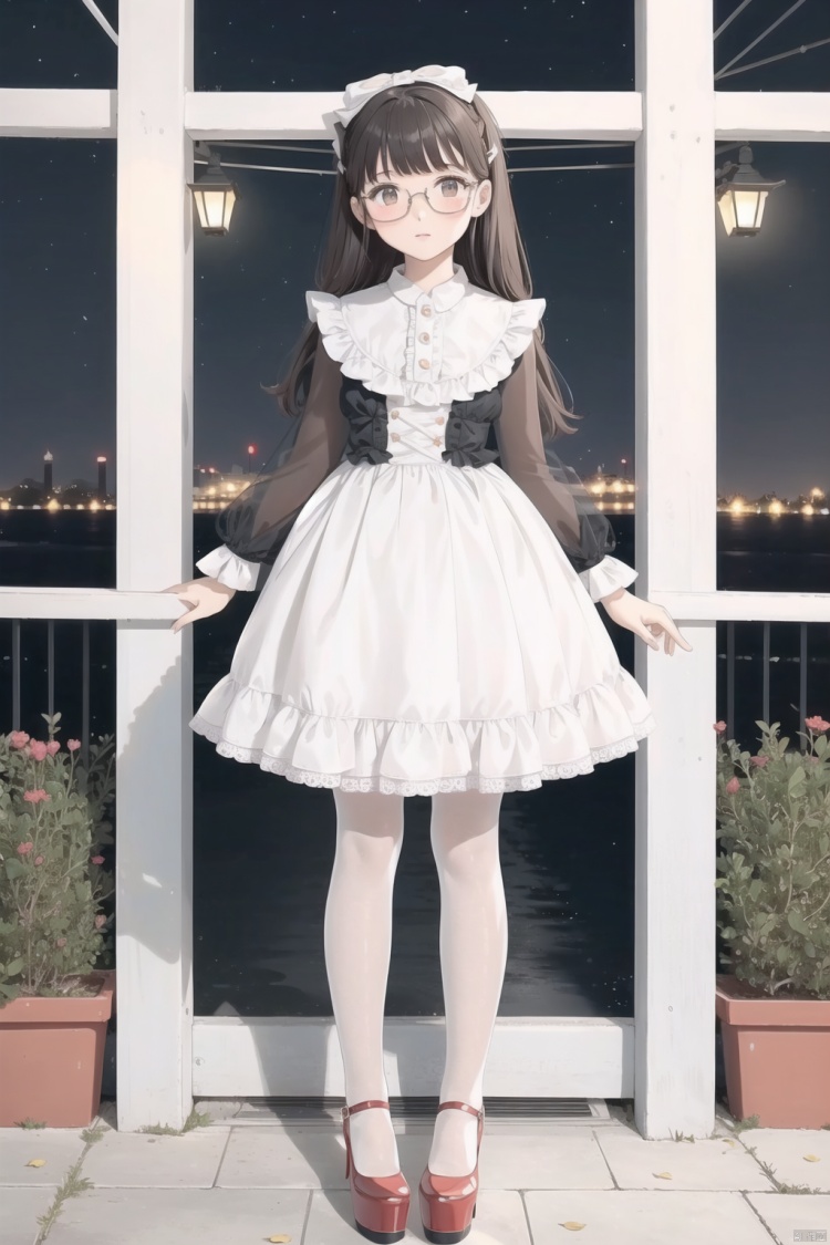  night,lolanse,1girl,(lolanse_style dress), solo, dress,pantyhose, long hair, white footwear, brown hair, shoes, full body, glasses, box, hair ornament, high heels, black hair,lolita fashion, outdoors, white pantyhose, frills,bangs, hair bow, platform footwear, blush, see-through, ribbon, long sleeves,look at viewer,full body camera