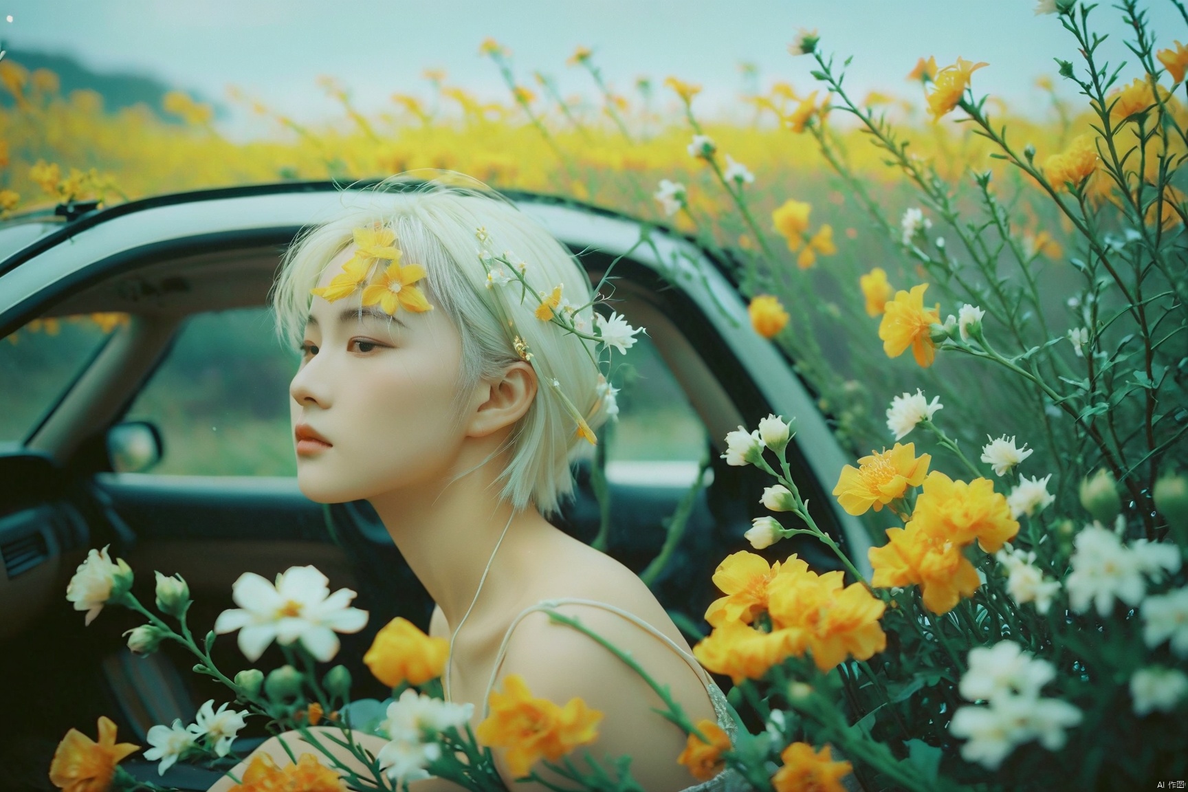  breathtaking ethereal fantasy concept art of cinematic film still,chinese girl,a girl with white hair sitting in car filled with flowers,art by Rinko Kawauchi,in the style of naturalistic poses,vacation dadcore,youth fulenergy,a cool expression,body extensions,flowersin the sky,****og film,super detail,dreamy lofi photography,colourful,covered in flowers andvines,Inside view,shot on fujifilm XT4 . shallow depth of field,vignette,highly detailed,high budget,bokeh,cinemascope,moody,epic,gorgeous,film grain,grainy . magnificent,celestial,ethereal,painterly,epic,majestic,magical,fantasy art,cover art,dreamy,monkren, . award-winning, professional, highly detailed, light master, monkren, sunlight, liu yifei