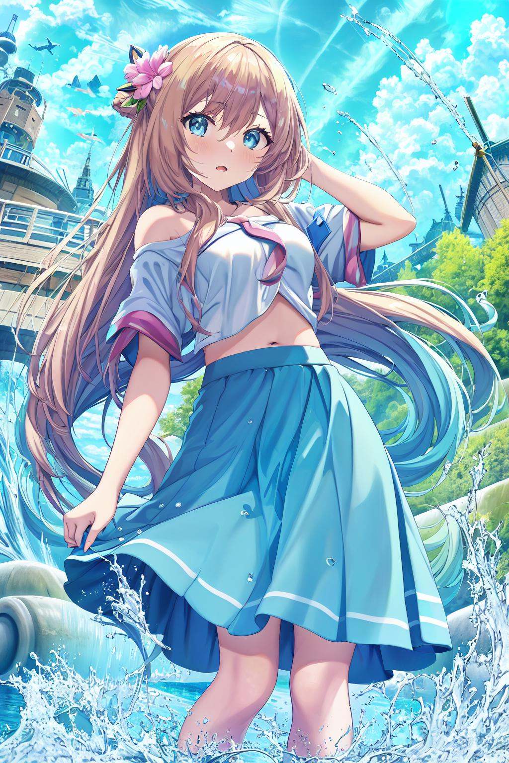 (masterpiece:1.1),hi-res,4k,extremely delicate and beautiful art,pastel color,anime,beautiful detailed eyes,1 anime girl,standing in the river,(long skirt:1.3),lift the skirt by self,water splash,wind,blue sky with clouds,bare midriff,long hair,dutch angle,cute fashion,barefoot,(from below_0.6)