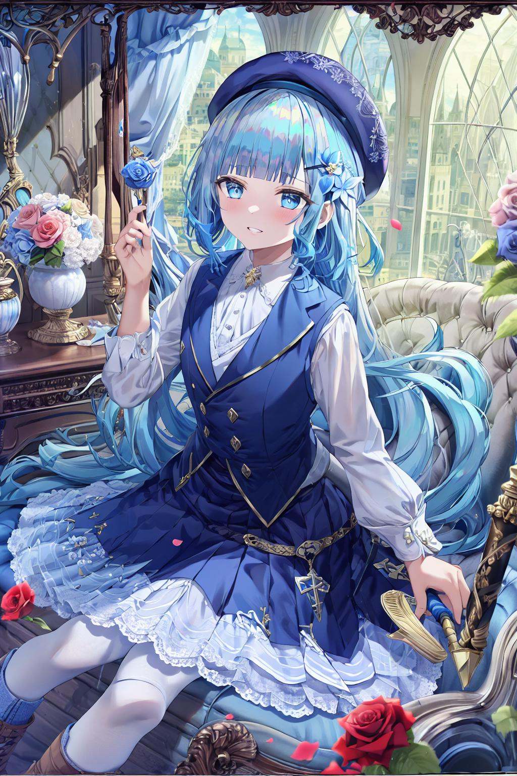 1girl, solo, boots, flower, blue eyes, bangs, sitting, holding, blue hair, hat, pantyhose, long sleeves, brown footwear, white pantyhose, sword, window, blunt bangs, pink flower, hair ornament, smile, indoors, cross-laced footwear, white headwear, dress, skirt, blue flower, lace-up boots, beret, vest, parted lips, weapon, white shirt, suitcase, petals, hair flower, frills, shirt, bow, blush, sheath, long hair, feet out of frame, rose