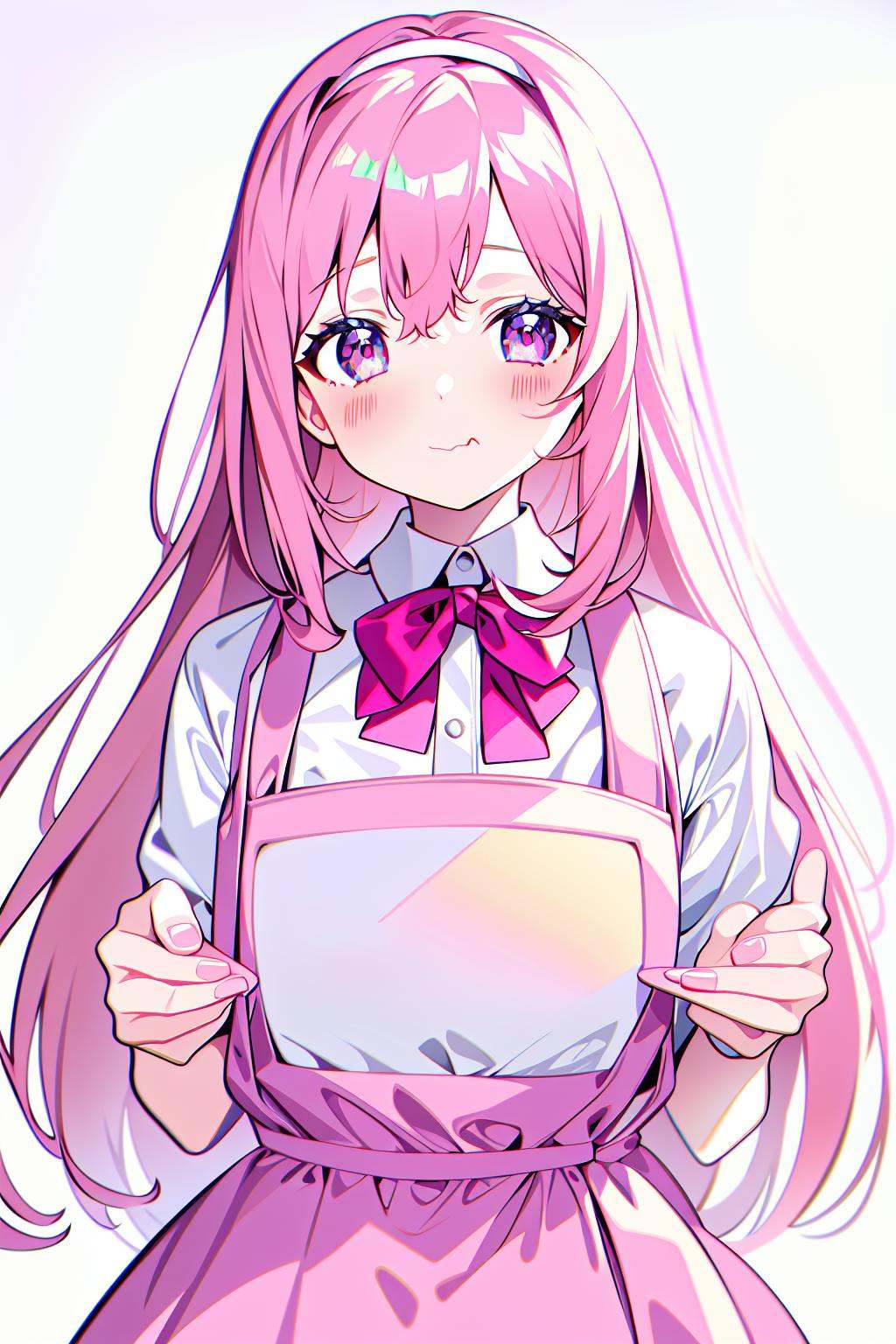 Masterpiece, best quality, 8k resolution, Light Color, (smooth light), 1 girl, eating cake, long hair,catears, Light Hair, pink bow on head, wearing suspenders, holding doll, ((white background))