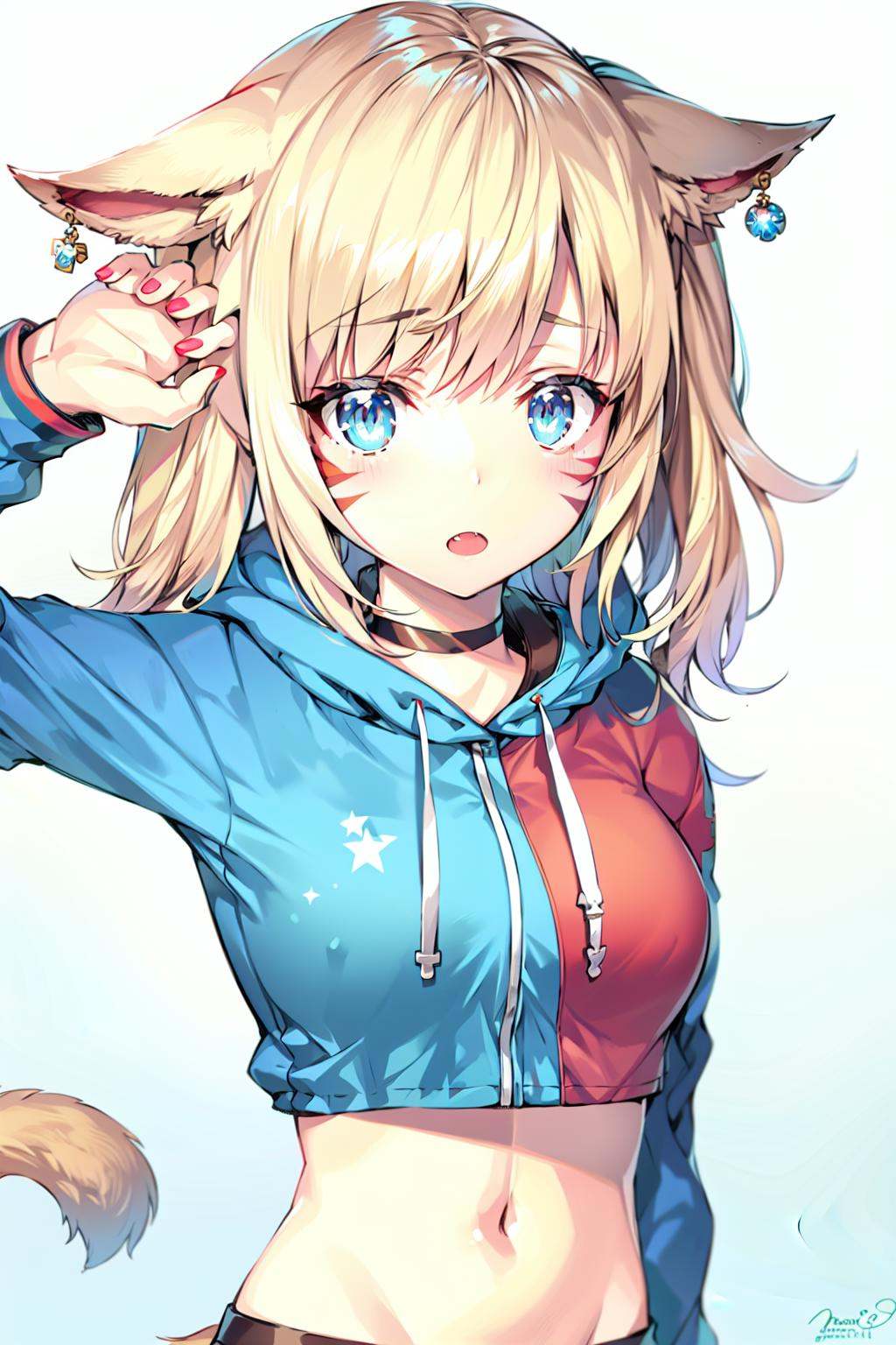 1girl, solo, tail, animal ears, facial mark, cat tail, shoulder cutout, cat ears, blonde hair, navel, looking at viewer, long hair, clothing cutout, crop top, twintails, blue eyes, midriff, choker, fang, miqo'te, jewelry, upper body, nail polish, long sleeves, open mouth, signature, cat girl, breasts, :o, hair ornament, red nails, stomach, hand up, bare shoulders, gradient, gradient background, hood, earrings, medium breasts, slit pupils, white background, whisker markings, arm up, star (symbol), blush, drawstring, bangs, tail raised, shirt, hoodie, crop top overhang
