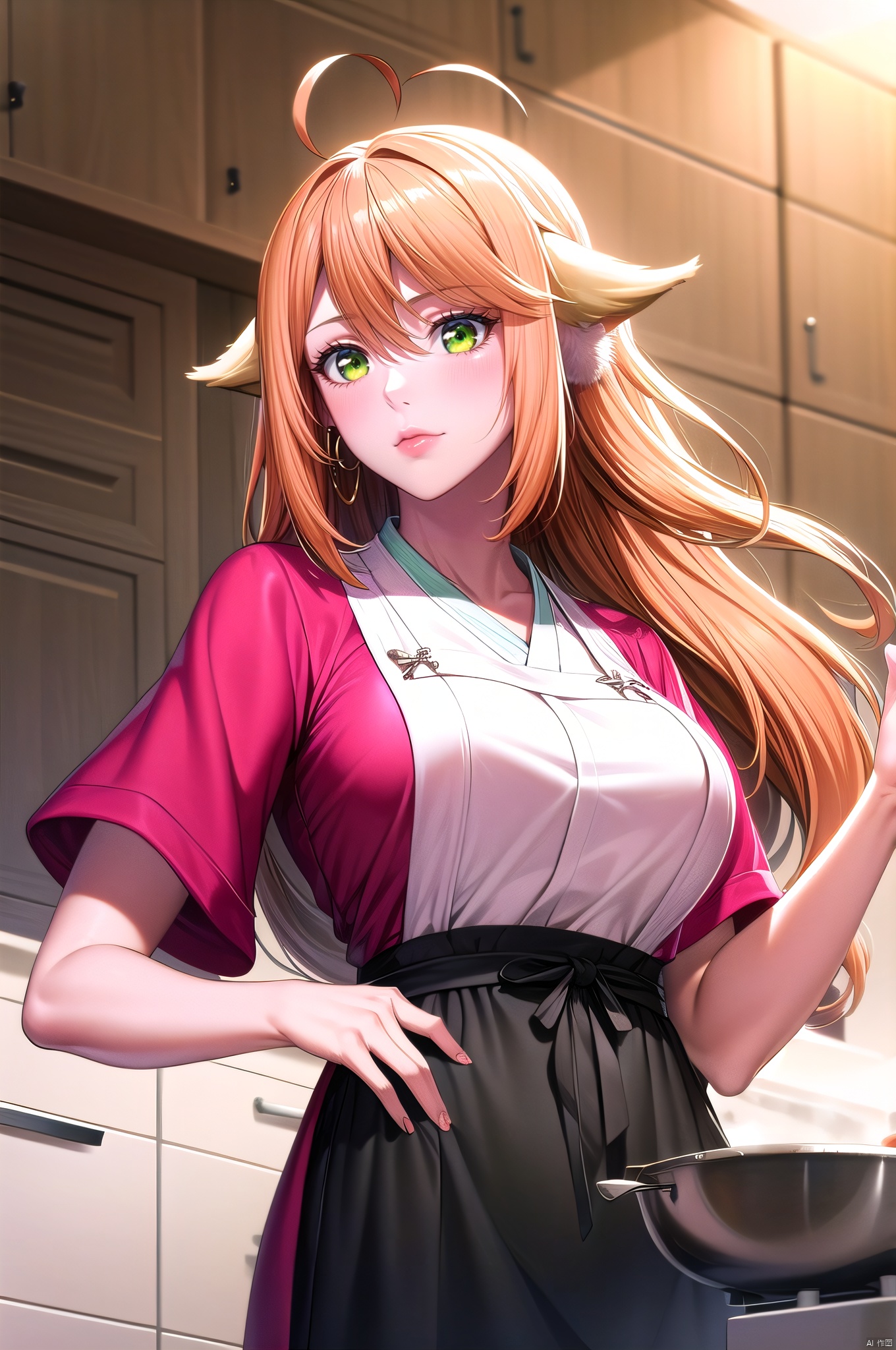 Honghong, 1girl, solo, animal ears, green eyes, ahoge,orange hair ,fox ears, large_breasts , looking at viewer, long hair, cowboy_shot ,nice hands,(highres, high quality:1.2),cinematic lighting,shadows,digital art,Kyouka,mature female,(SaltBaeMeme, salt:1.1),(grill:1.1),smoke,kitchen,cooking,grilling,meat,determined,long hair,(sidelocks:1.1),ribbon,detailed face,jewelry,earrings,white naked apron,
, Honghong