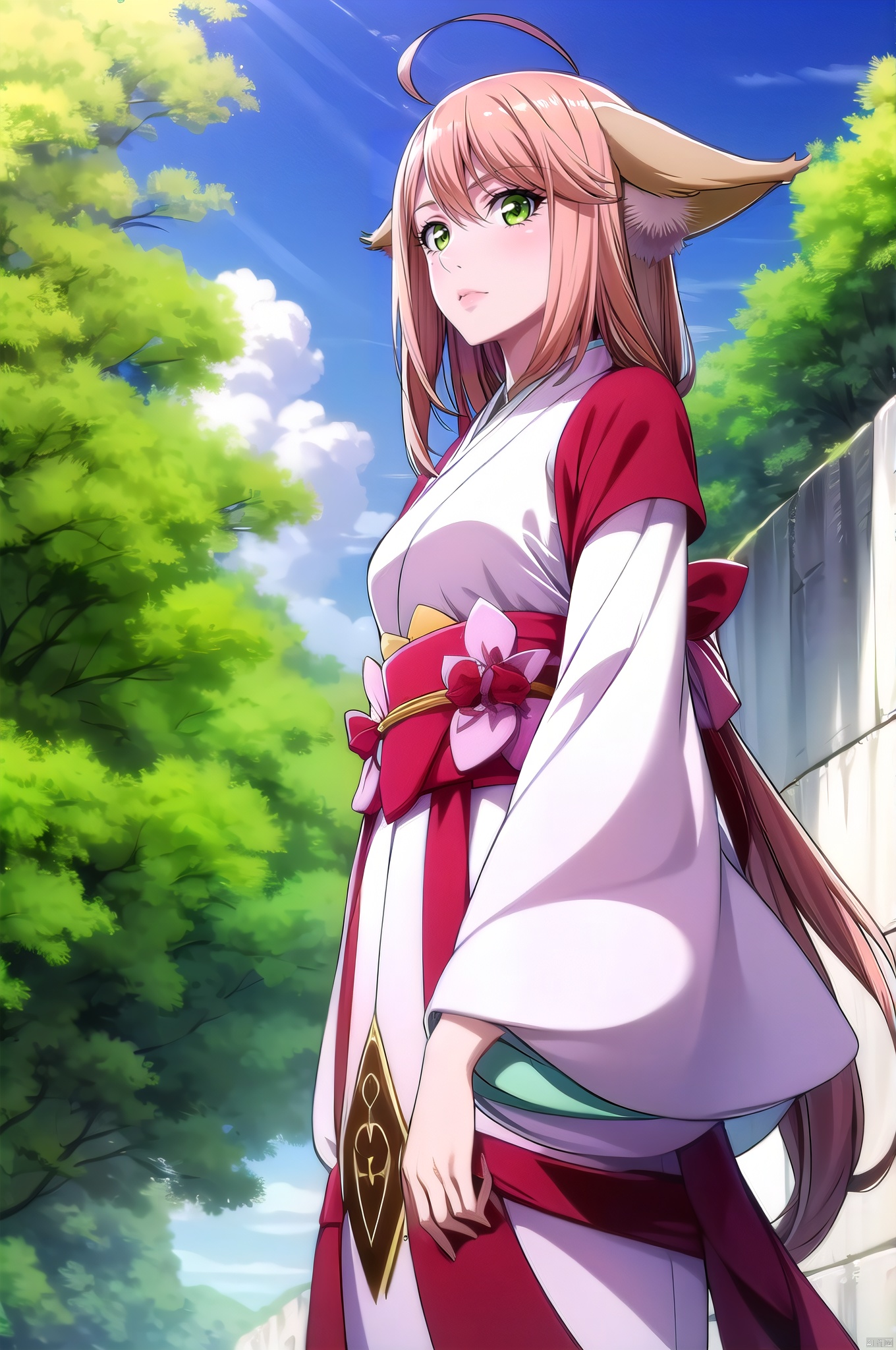 Honghong, 1girl, solo, animal ears, green eyes, ahoge, fox ears, sky, cloud, looking at viewer, japanese clothes, long hair, parody, outdoors