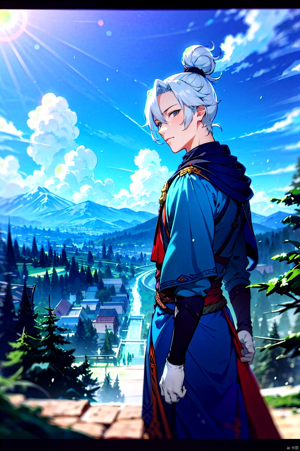 solo,looking at viewer,gloves,1boy,white hair,male focus,outdoors,sky,day,cloud,hair bun,cape,tree,grey eyes,
single hair bun,letterboxed,mountain,black cape, girl
