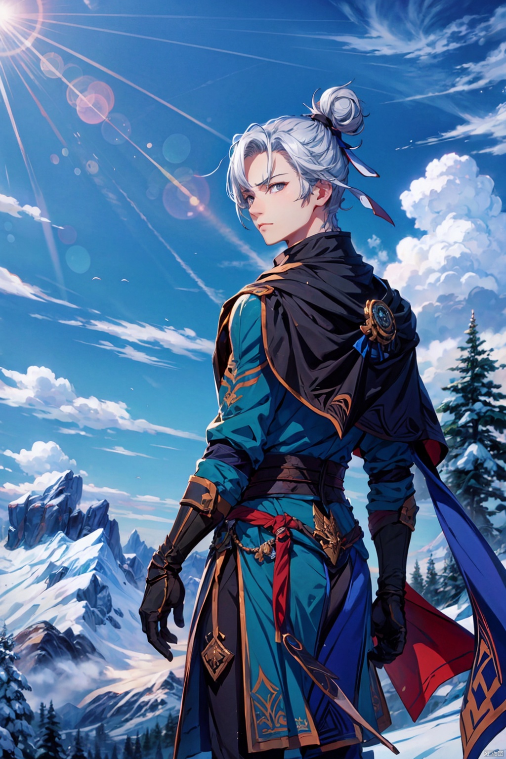 solo,looking at viewer,gloves,1boy,white hair,male focus,outdoors,sky,day,cloud,hair bun,cape,tree,grey eyes,
single hair bun,letterboxed,mountain,black cape,