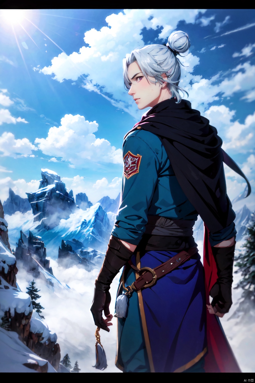 solo,looking at viewer,gloves,1boy,white hair,male focus,outdoors,sky,day,cloud,hair bun,cape,tree,grey eyes,
single hair bun,letterboxed,mountain,black cape,